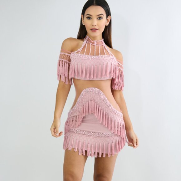 Dresses & Skirts - Pink Off the Shoulder Pearl Fringe Tassel Body-Con Halter Short Dress
